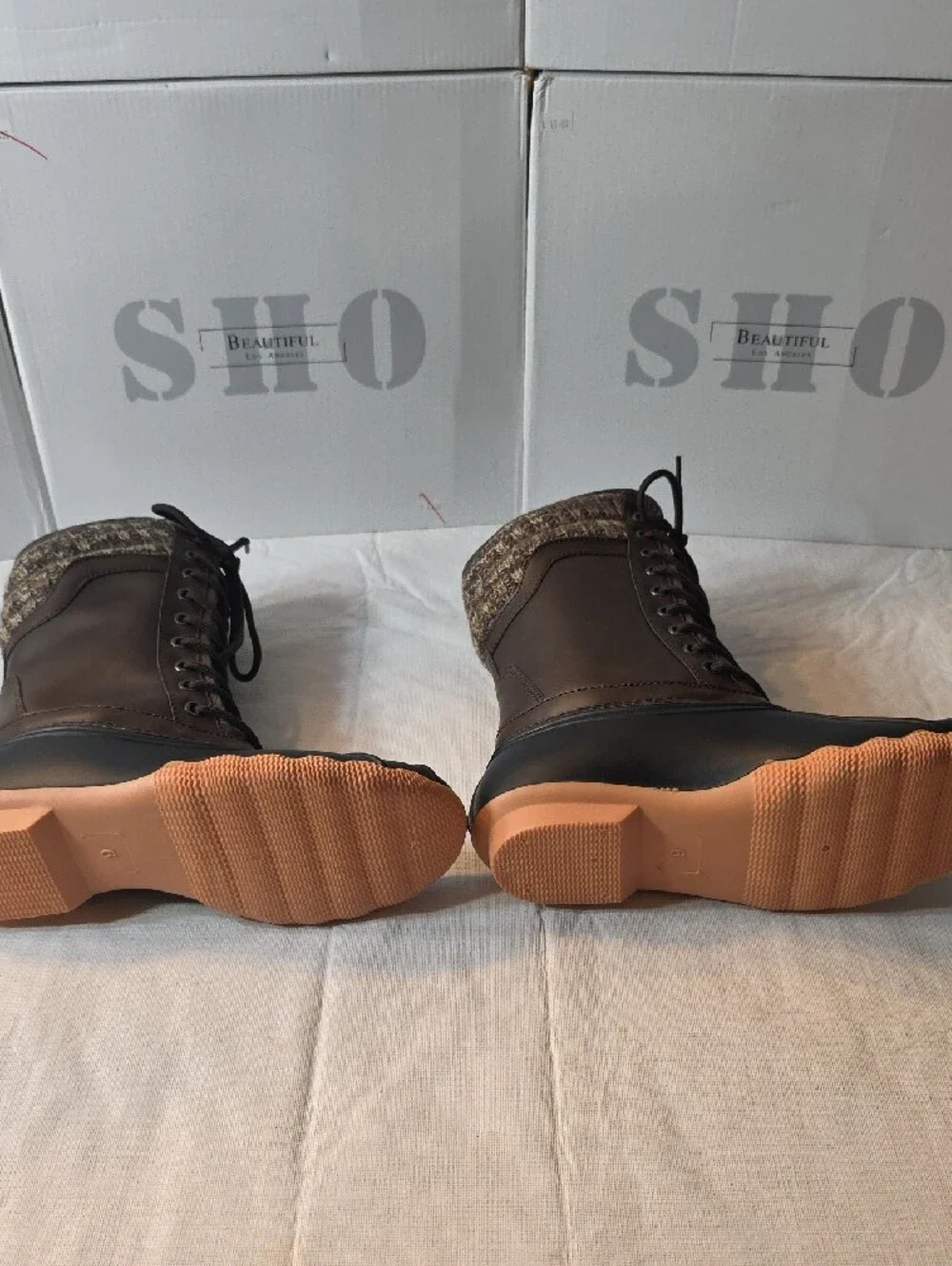 Women's Two-Tone Brown and Black Lace-Up Winter Rain Boots